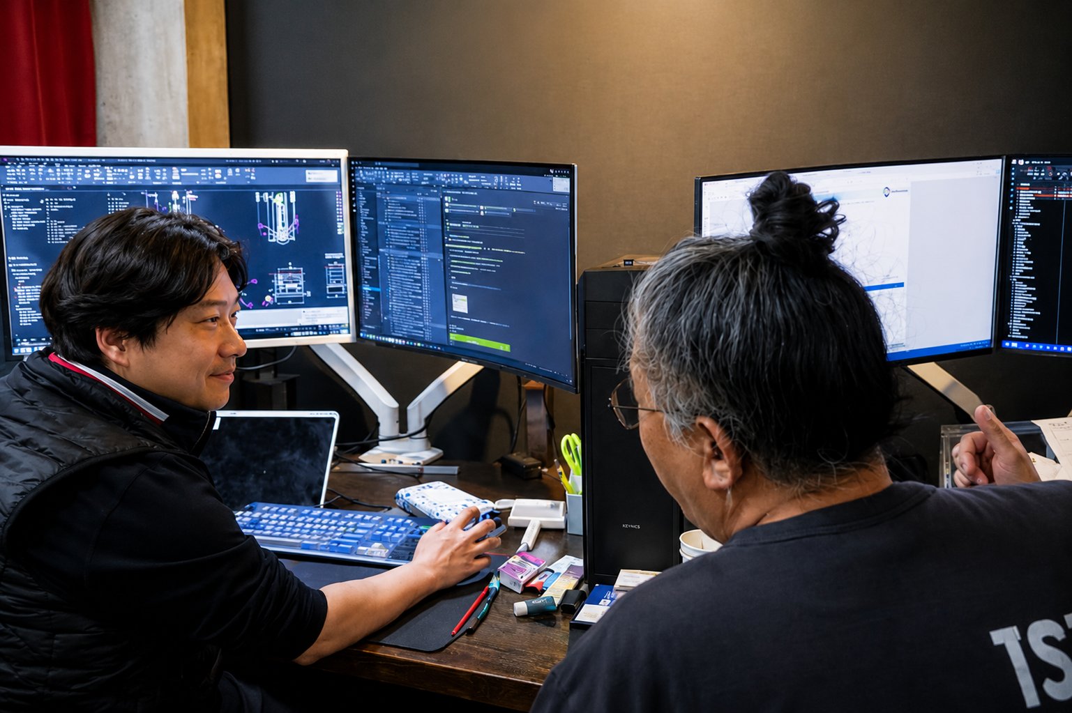 Engineers at multi-monitor CAD station