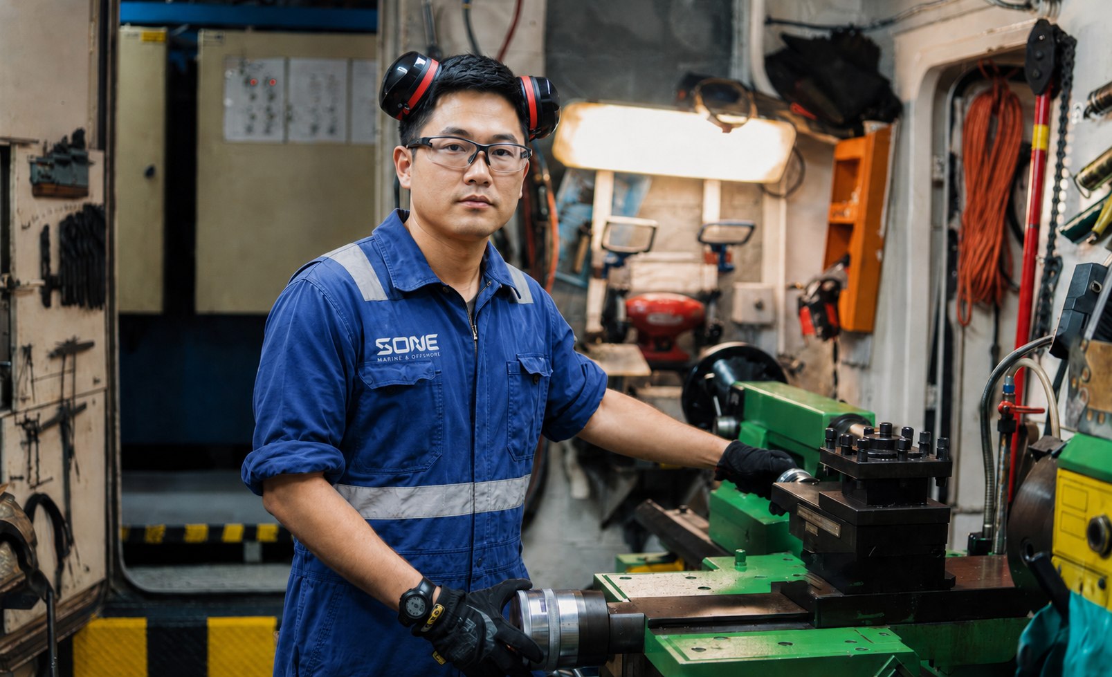S-ONE workshop — machinist working at a lathe on board
